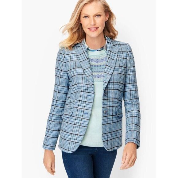 Talbots CLASSIC SHETLAND BLAZER Jacket GLEN PLAID Blue size 10 Petite Button Fro - Picture 1 of 14